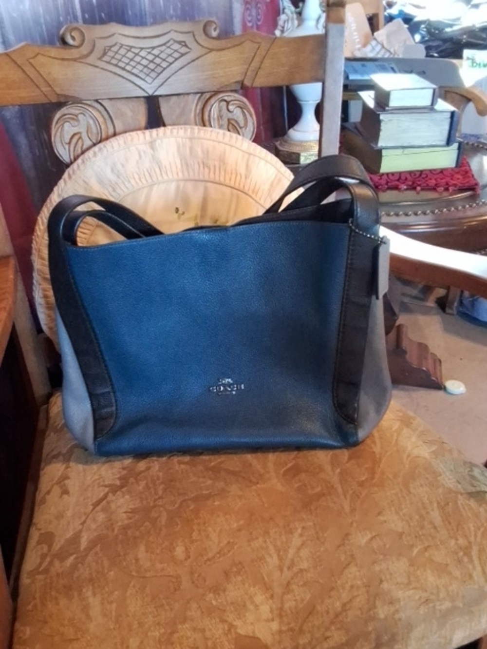 Coach Colorblock Pebbled Leather Messenger Tote in Black and Gray